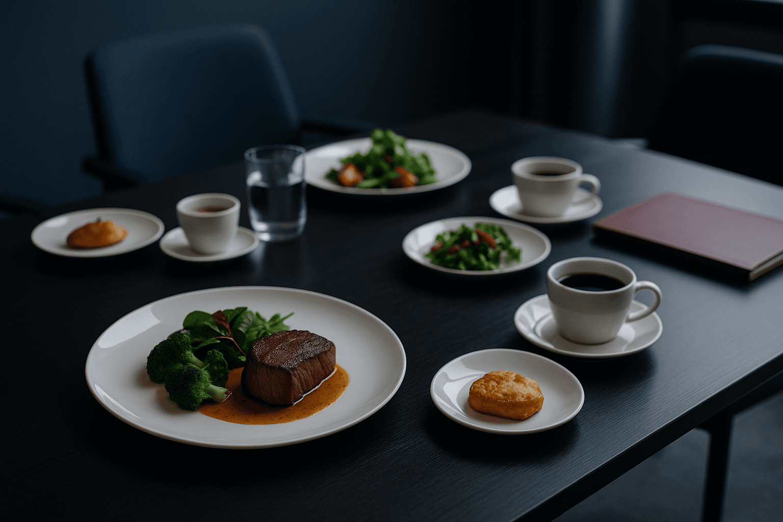 An upscale corporate catering setup in a modern boardroom